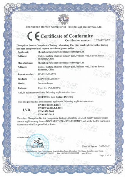 CE-LVD Certificate — LED Pixel Light LTS-002S-22